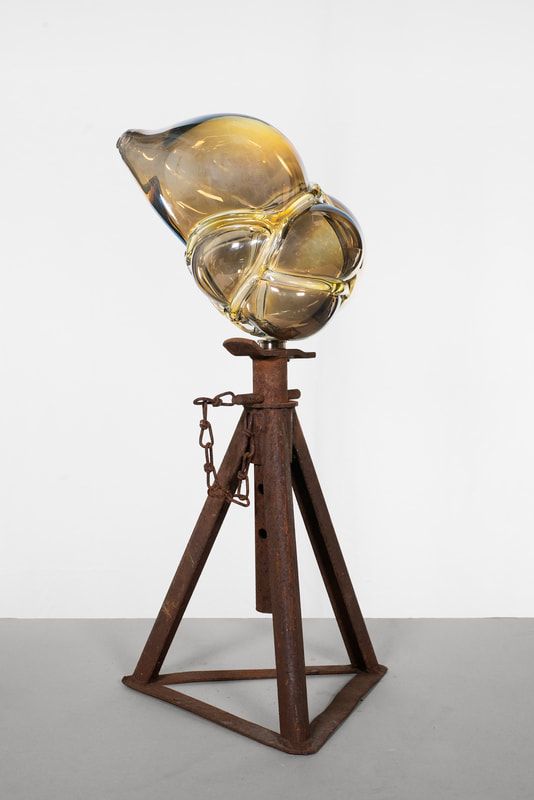 breathlessly in place, hand blown glass volume, recovered vintage steel axle stand element , 70 x 30 x 25 cm ca, 2025 