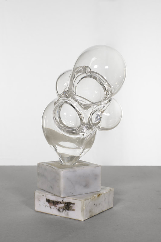 Fixed on parts II, hand blown glass volume, repurposed marble elements, 30 x 10 x 9 cm ca, 2025