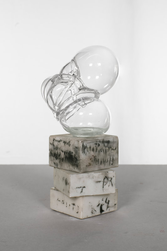 Fixed on parts II, hand blown glass volume, repurposed marble elements, 30 x 10 x 9 cm ca, 2025 