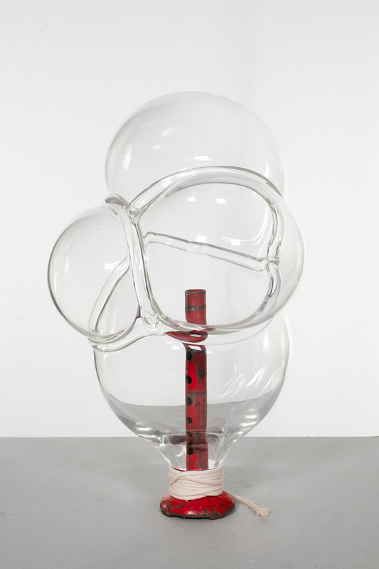 inhale embrace, 67 x 43 x 45 cm ca, hand blown glass volume, recovered vintage steel axle stand element, cotton rope, 2024